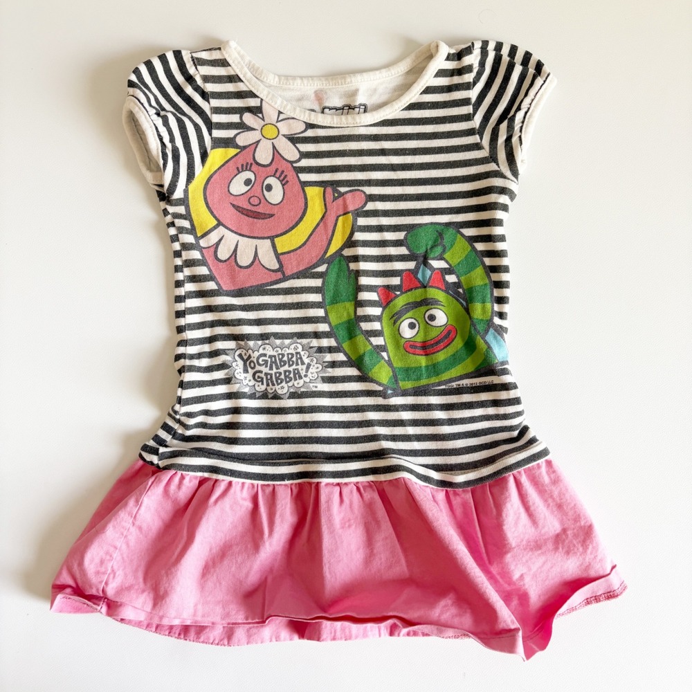 Mighty Fine Toddler Girls Yo Gabba Gabba Y2K Striped Ruffle Hem Graphic Dress 3T